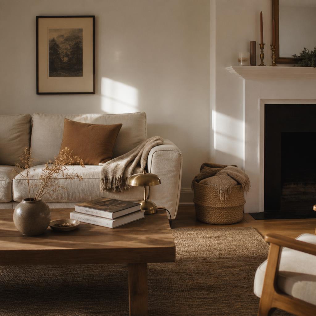 The same living room, calm and empty with an olive tree