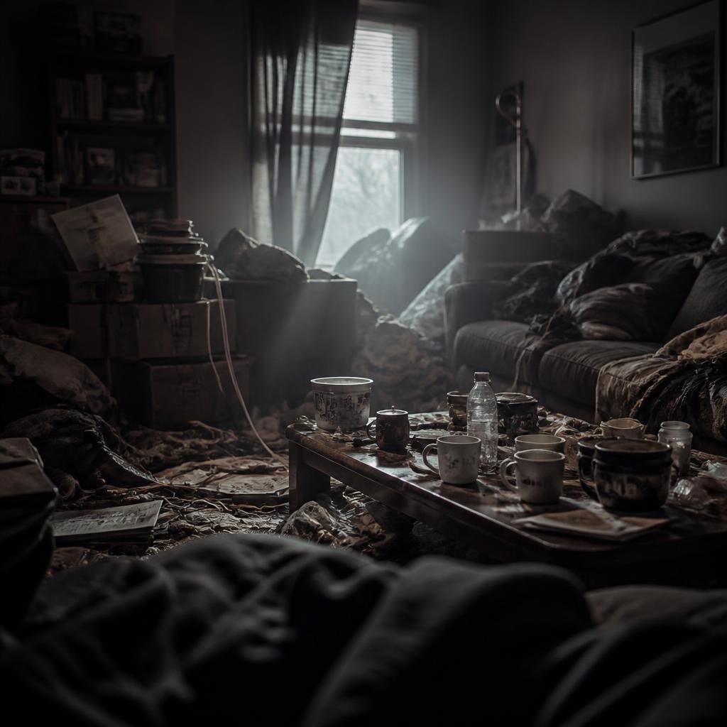 A cluttered living room with piles of clothes and boxes