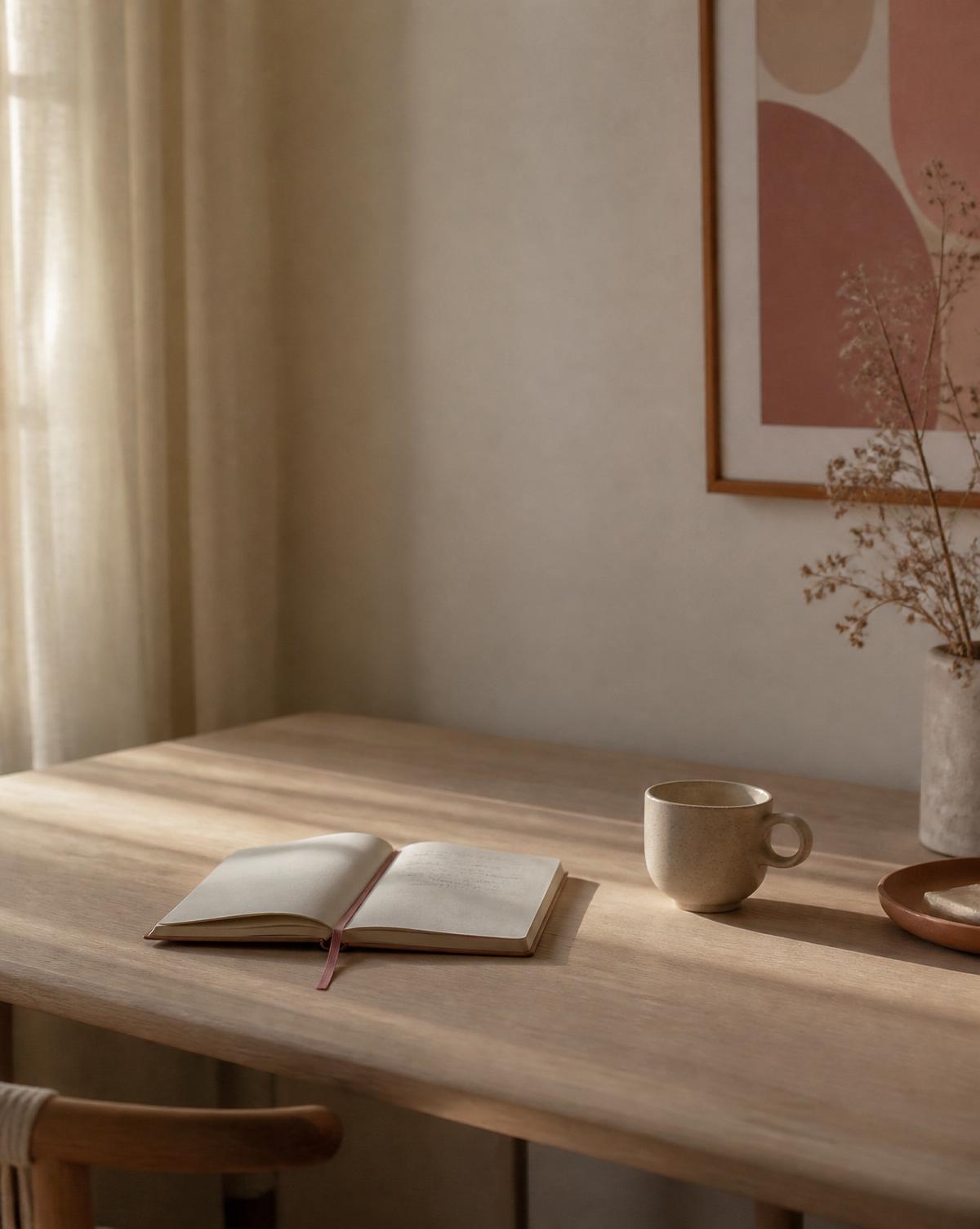 Calm empty desk with an open notebook and single ceramic cup