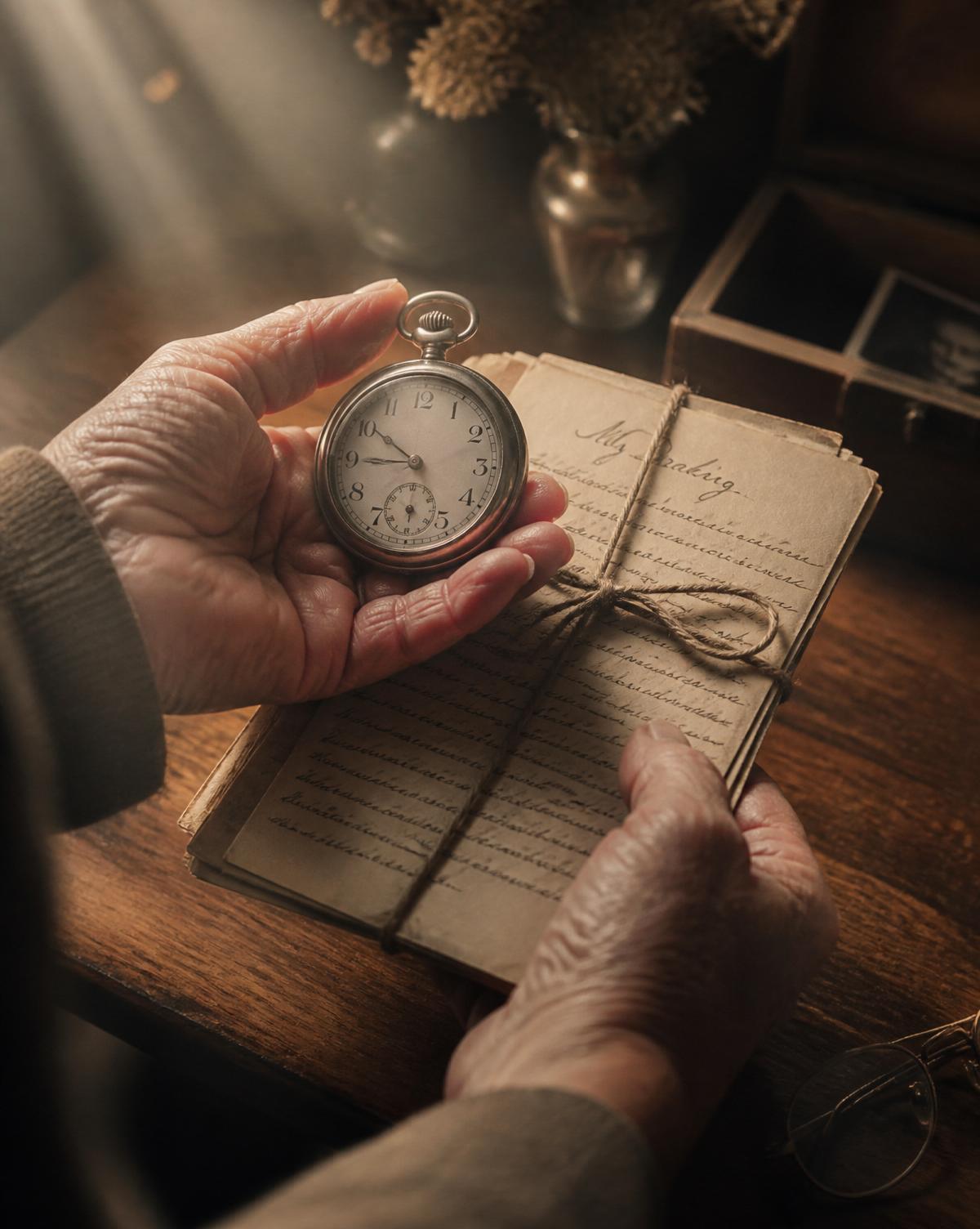 Aged hands holding a silver pocket watch and letters tied with twine